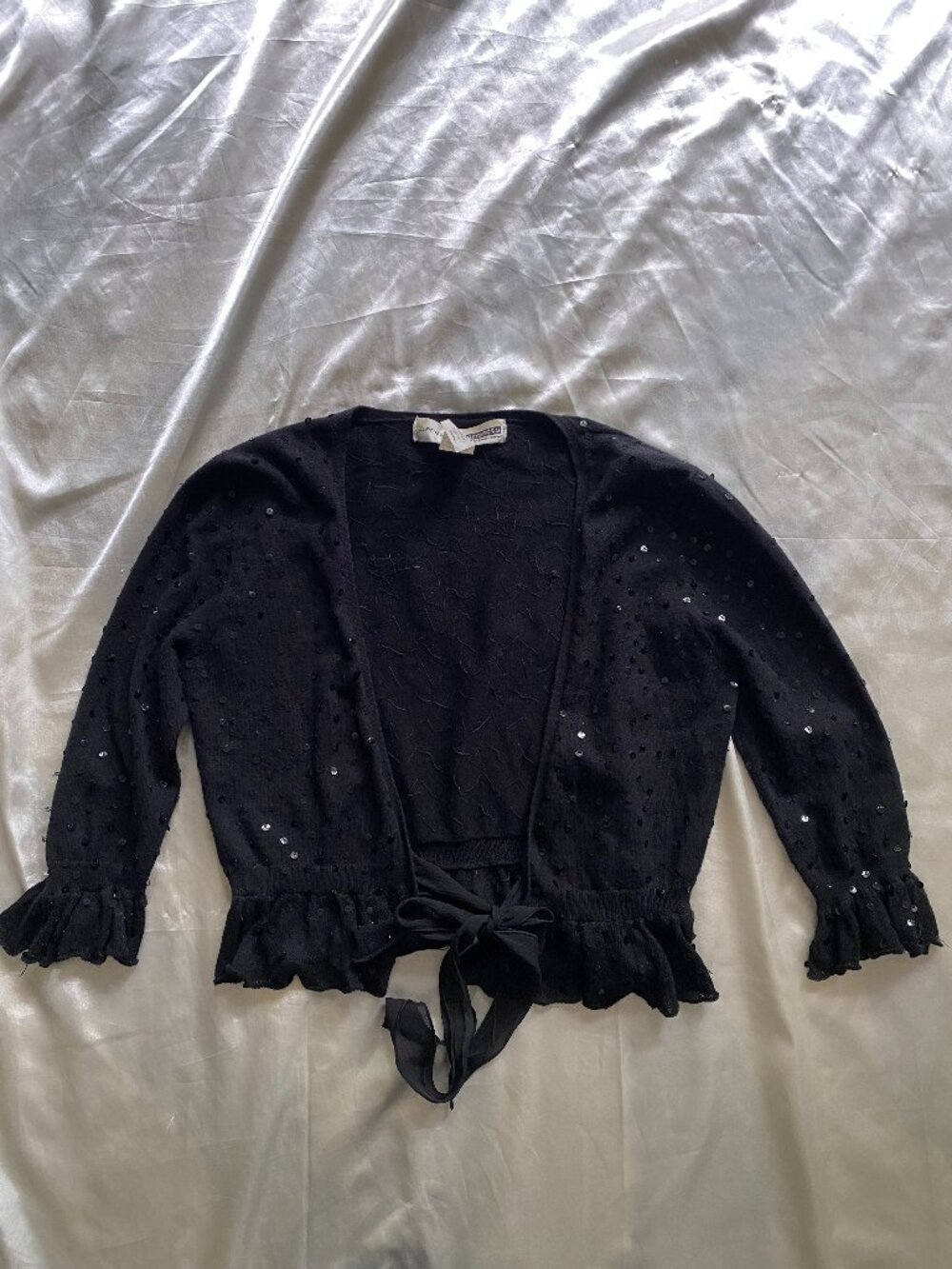 Vintage y2k Black Sequin Cropped Tie Cardigan Balletcore Ruflle Fairy Small